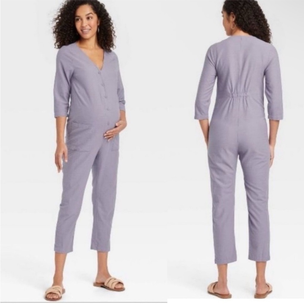 The Nines by HATCH Button-Front Cropped Maternity Jumpsuit Lavender Pockets XS